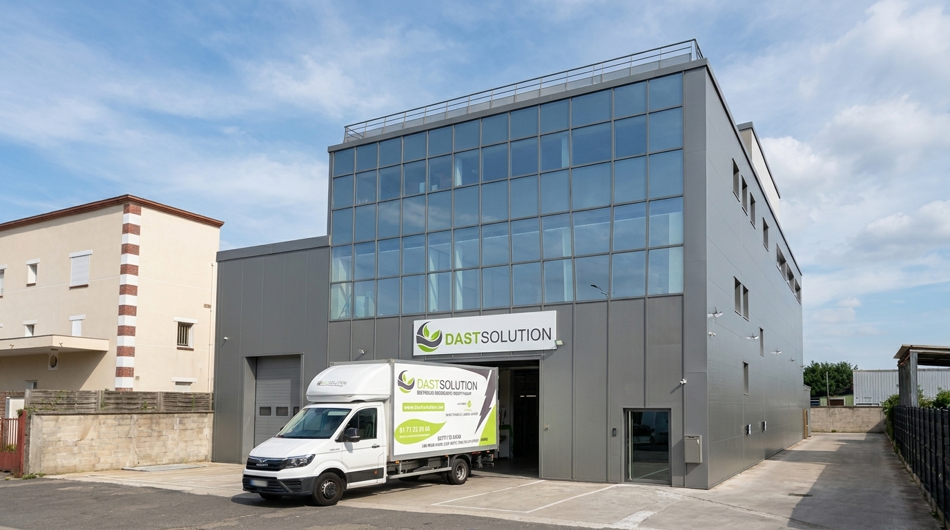 Le bâtiment DAST SOLUTION à Chennevières-sur-Marne, avec un véhicule de livraison aux couleurs DAST